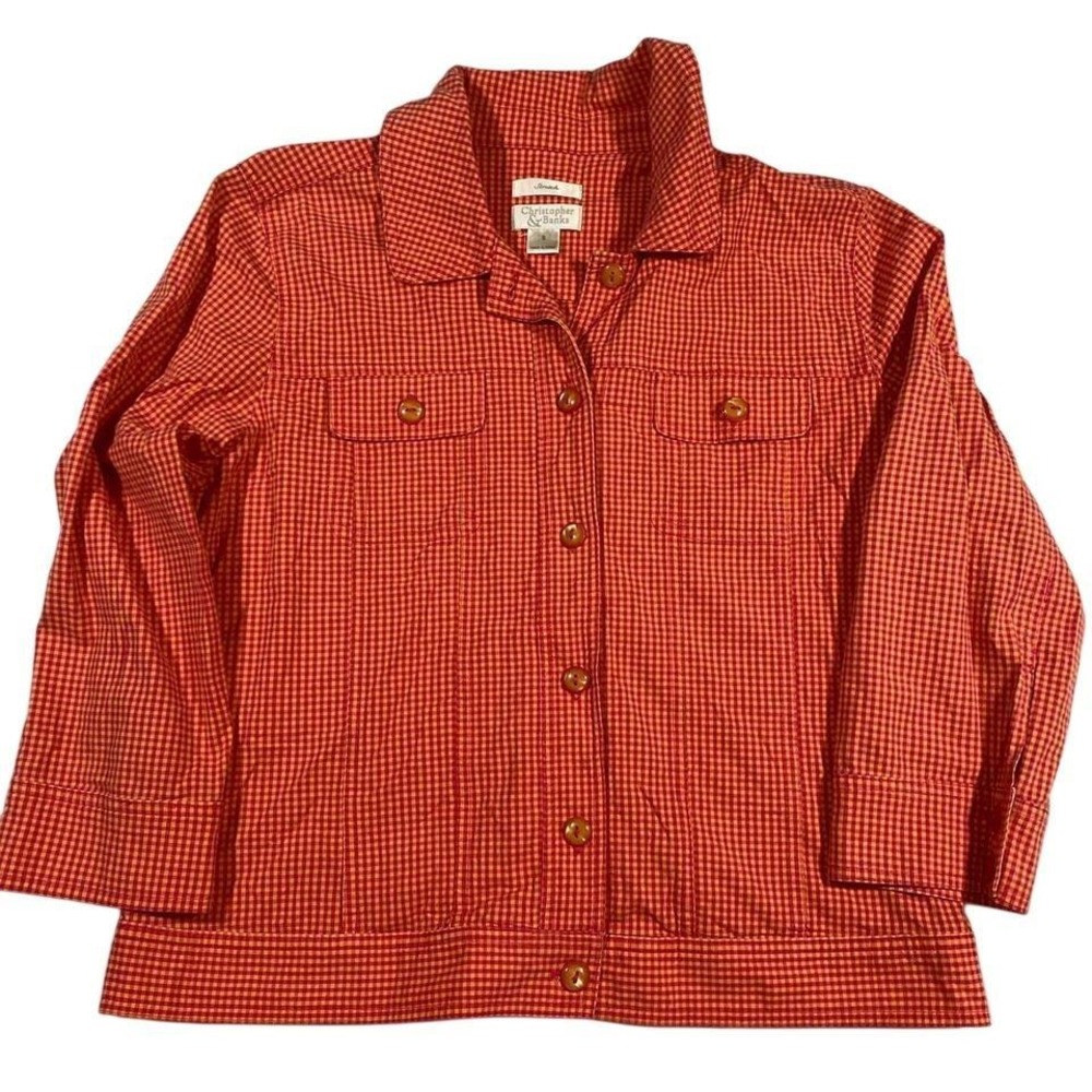 Christopher & Banks Pink and Orange Gingham Stretch Button Front‎ Jacket - Small